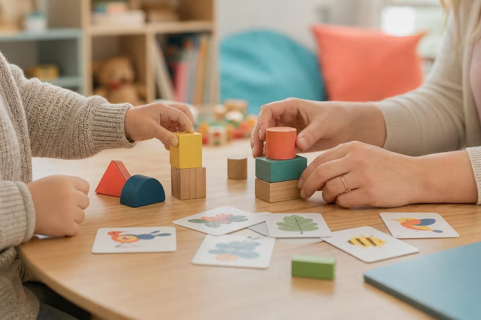 Mâinile unui copil și ale terapeutului construind cu cuburi colorate